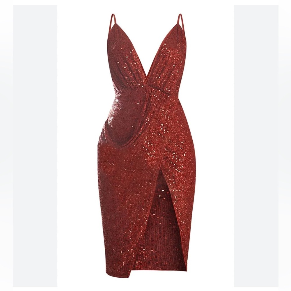 Pretty Little Thing, Burgundy Plunging Neckline Sequin Drape Midi Dress, sexy